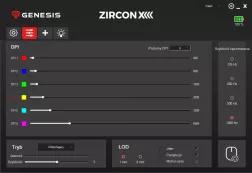 Zrzut ekranu z oprogramowania Genesis Zircon XIII, pokazujący ustawienia DPI z sześcioma poziomami, regulacją szybkości raportowania oraz trybem oddechowym podświetlenia. Widoczne są również ustawienia LOD, Jitter, Predykcja oraz Motion sync.