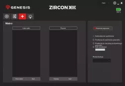Zrzut ekranu z oprogramowania Genesis Zircon XIII, pokazujący panel makro, gdzie można tworzyć, usuwać i rejestrować makra. Widoczne są opcje automatycznego opóźnienia, powtarzania makra oraz wstawiania funkcji.