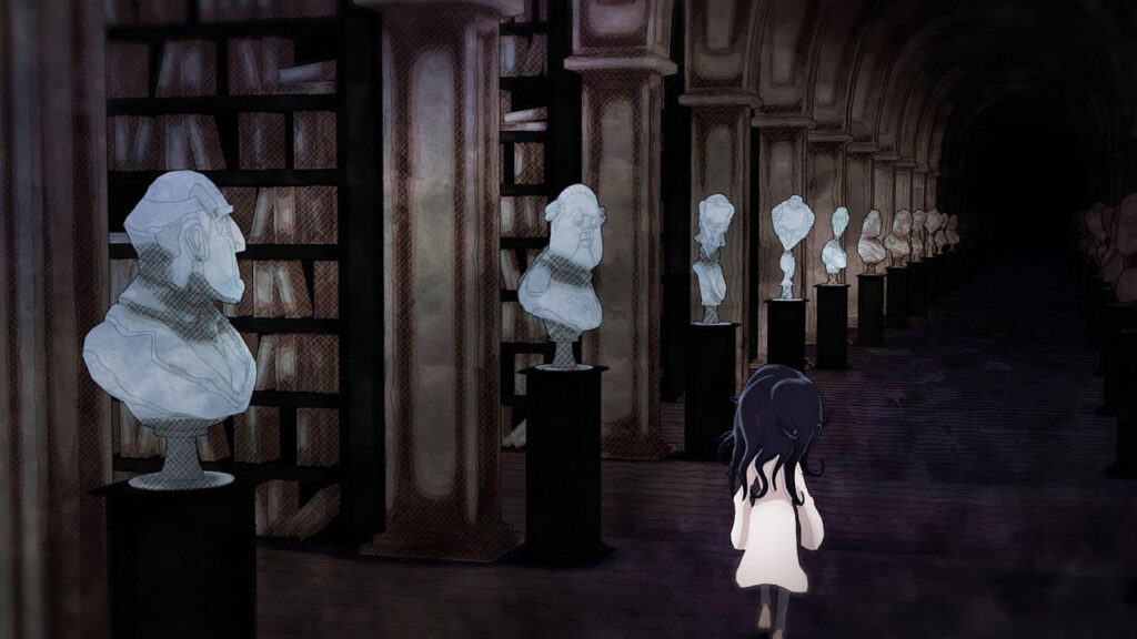 Shady Part of Me — screen z gry. Dziewczynka w bibliotece mijająca posągi.