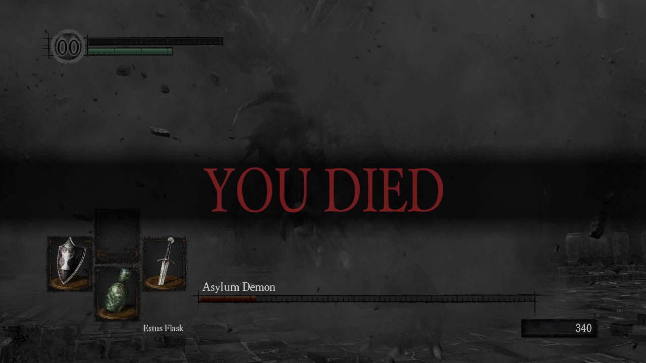 Ciemny ekran z Dark Souls 1 z wielkim, czerwonym napisem YOU DIED