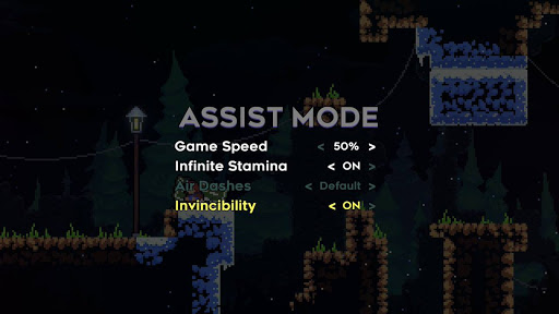 screen z gry Celeste: napis Assist Mode, regulacja prędkości gry, włącznik nieograniczonej wytrzymałości, liczby skoków w powietrzu, niewrażliwości