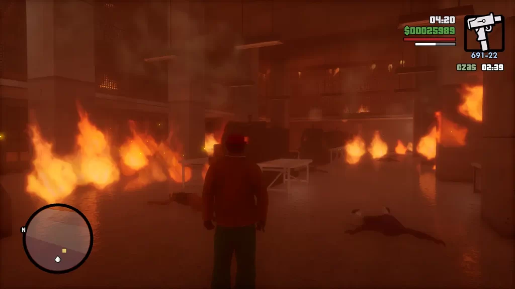 GTA San Andreas Definitive Edition — postać we wnętrzu palącego się budynku.