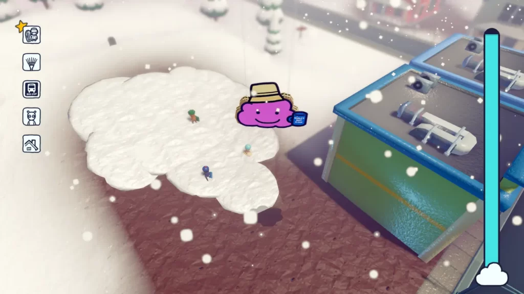 Zrzut ekranu z gry Rain on Your Parade - różowa chmurka w kapeluszu wisi z uśmiechem nad dziećmi jeżdżącymi na sankach