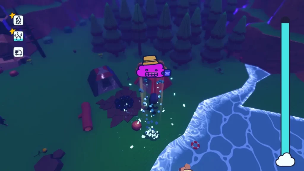 Zrzut ekranu z gry Rain on Your Parade - różowa chmurka w kapeluszu oblewa wodą ognisko i obozowicza