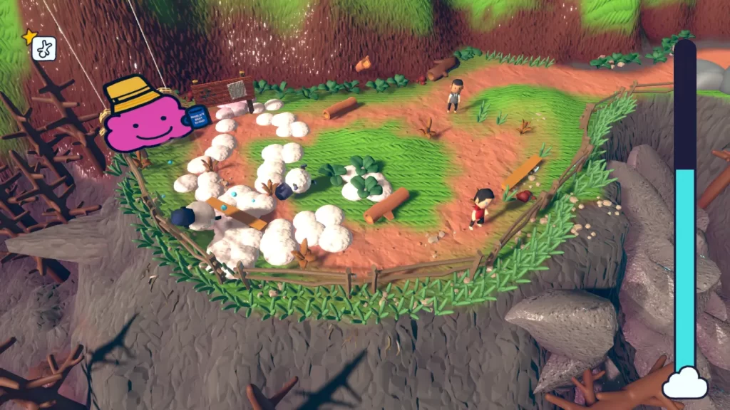 Zrzut ekranu z gry Rain on Your Parade - różowa chmurka w kapeluszu zasypuje ludzi śniegiem