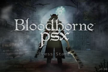 Ekran startowy Bloodborne psx. W tle postać z bronią nocą.