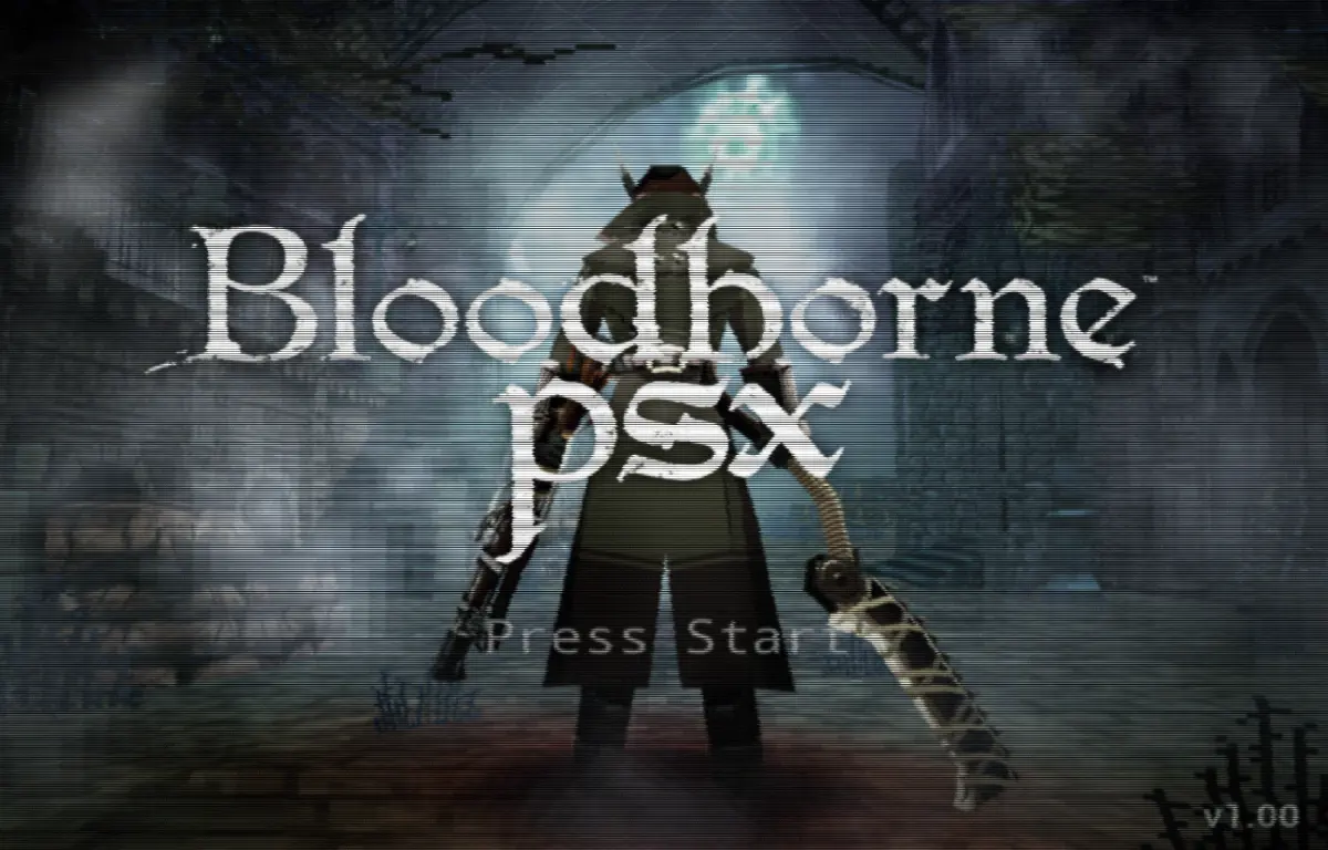 Ekran startowy Bloodborne psx. W tle postać z bronią nocą.