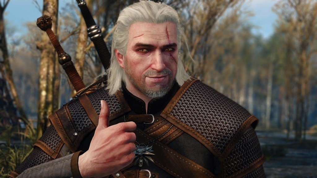 Uśmiechnięty i dający kciuka w górę Geralt z Rivii