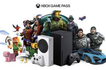 Dwie konsole Xbox, logo Xbox Gamę Pass oraz mnóstwo postaci z gier, w które można zagrać posiadając ten pakiet.