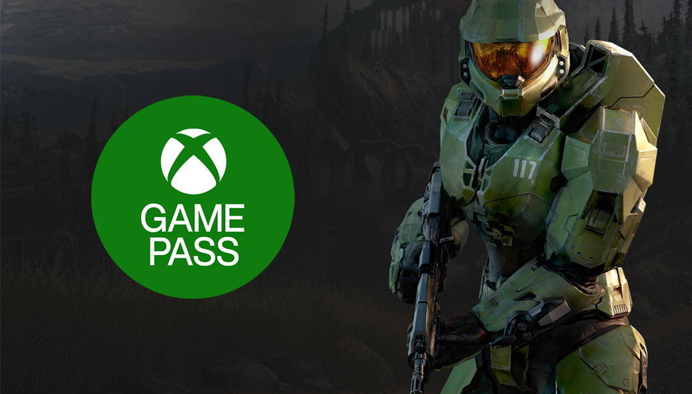 Logo Xbox Game Pass oraz postać w pancerzu z bronią.