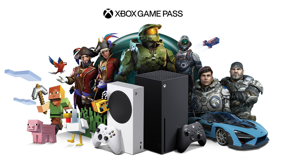 Dwie konsole Xbox, logo Xbox Gamę Pass oraz mnóstwo postaci z gier, w które można zagrać posiadając ten pakiet.