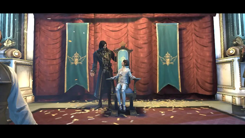 Screen z gry Dishonored. Corvo Attano stoi obok tronu, na którym siedzi młoda Lady Emily Kaldwin.