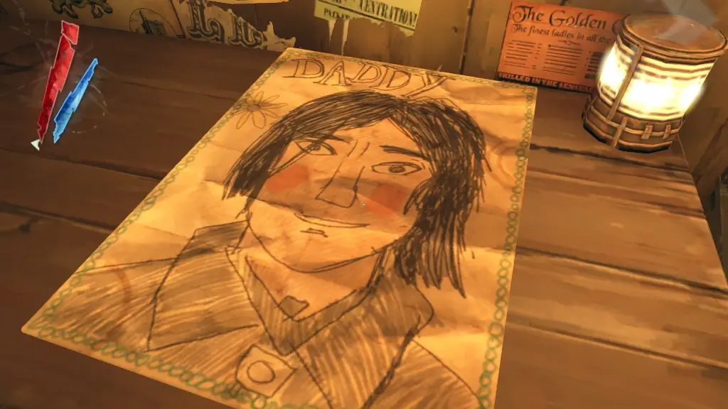 Screen z gry Dishonored. Rysunek Corvo z podpisem "daddy"