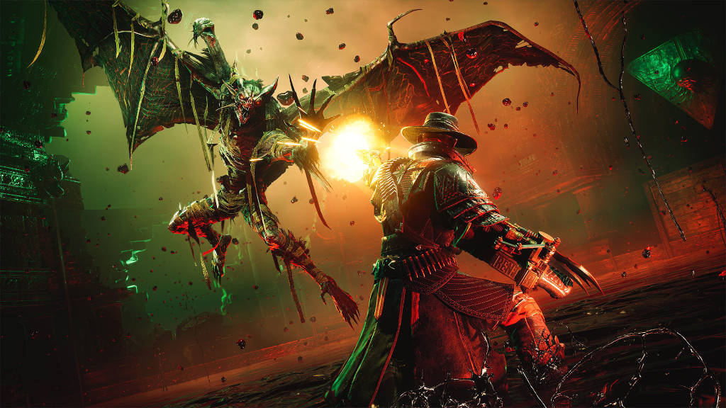 Grafika promocyjna z gry Evil West. Kowboj strzelający do skrzydlatego potwora.