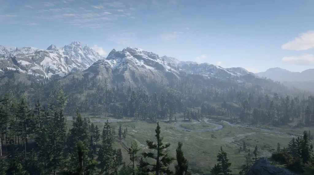 Otwarty świat z gry Red Dead Redemption 2. Panorama doliny.