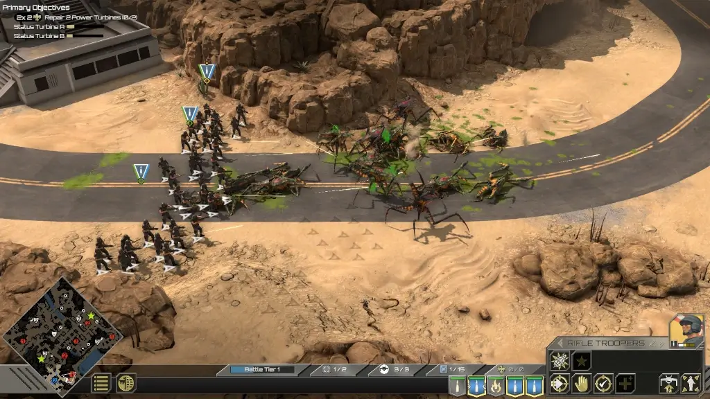 Screen z gry Starship Troopers: Terran Command. Zołnierze broniący się przed atakiem.