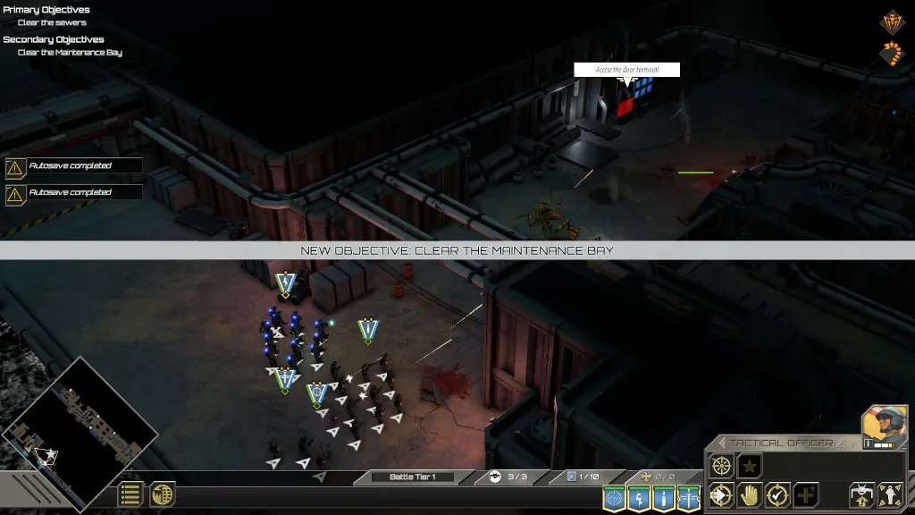 Kadr z gry Starship Troopers: Terran Command. Na mapie z żołnierzami napis z wytycznymi misji.