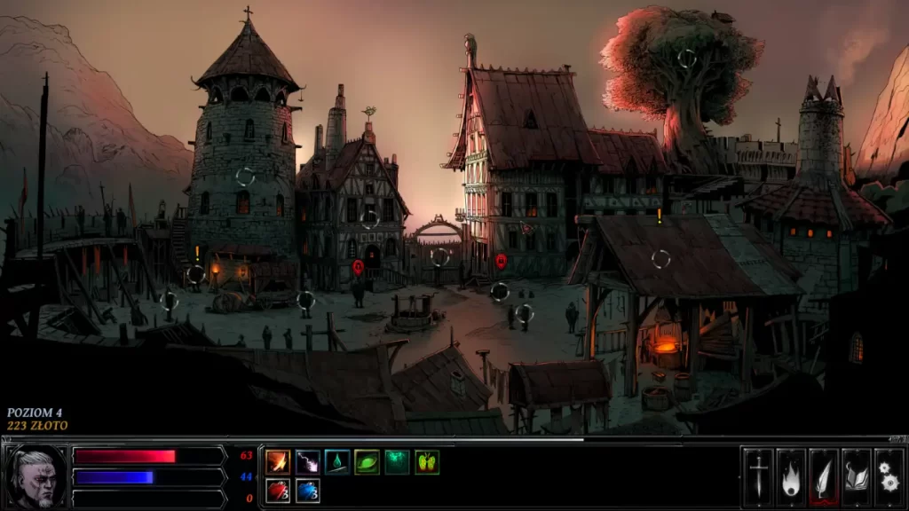 Hellslave - screen z gry. Obrazek miasta oraz statystyki postaci na dole ekranu. 