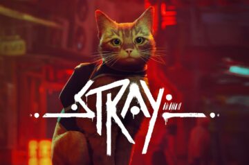 Stray — logo gry z głównym bohaterem w tle.