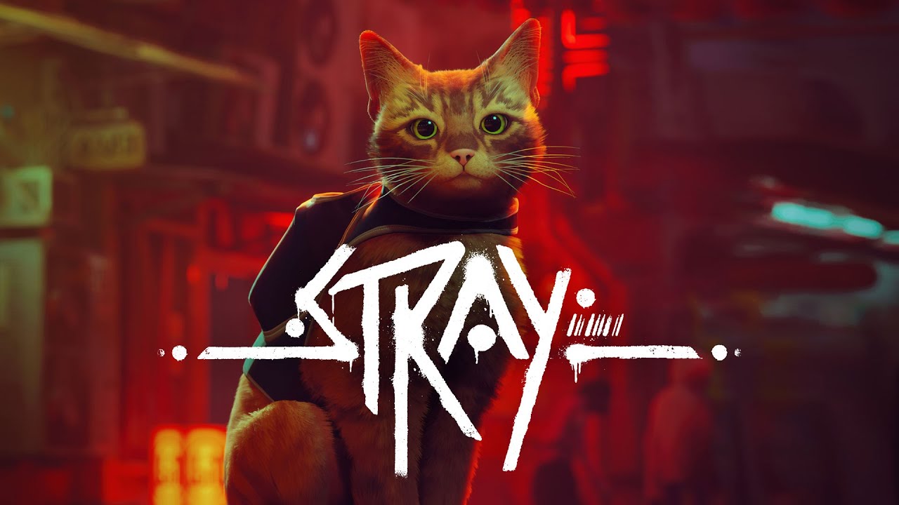 Stray — logo gry z głównym bohaterem w tle.