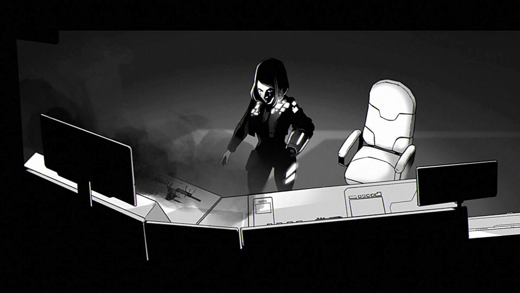 Czarno-biały rysunek. Kobieta stojąca przed biurkiem z komputerem.