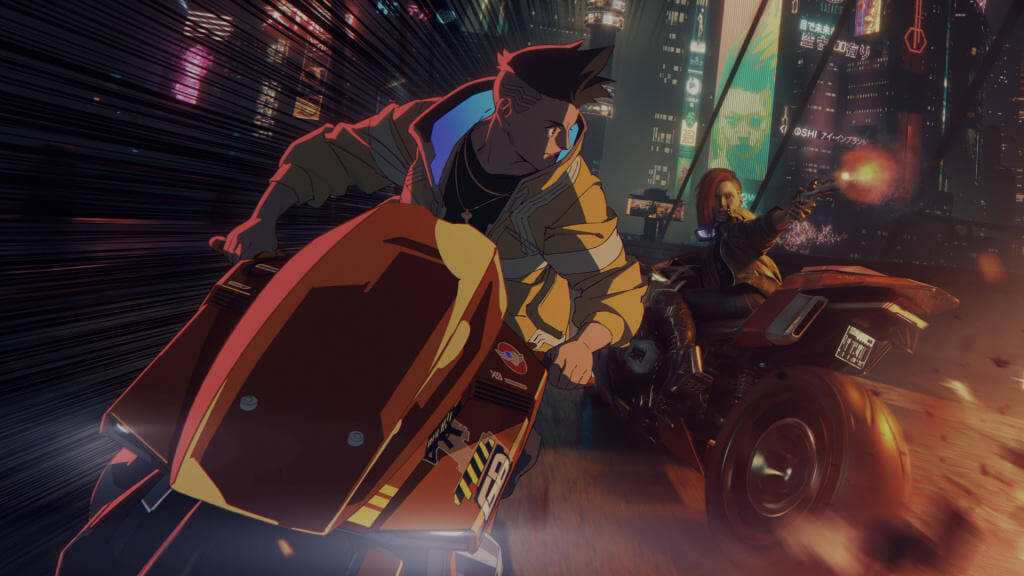 grafika łącząca postać na motocyklu z serialu Cyberpunk Edgerunners i postać V z gry Cyberpunk 2077