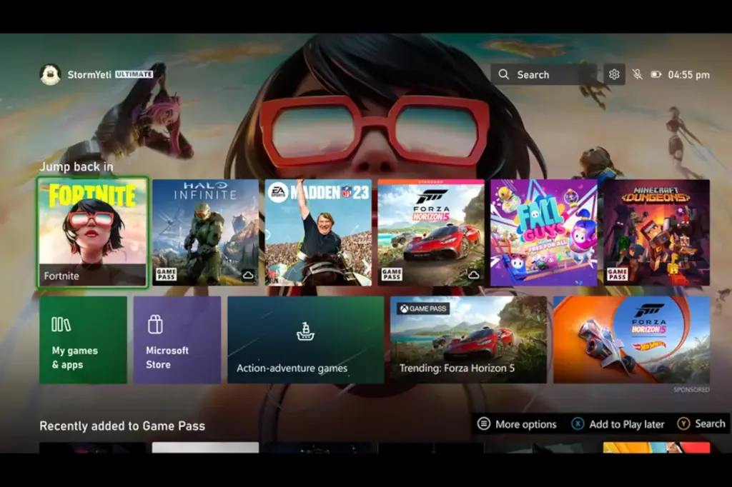 widok zmienionego ekranu startowego konsoli Xbox