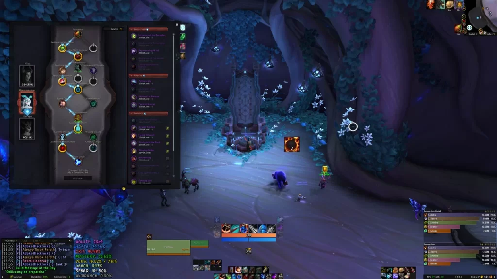Zrzut ekranu przedstawiający interfejs z World of Warcraft: Shadowlands. Tekst pokazuje statystyki i umiejętności postaci, w tym zdrowie (HAS), manę (MANA) i unikanie (AVOIDANCE).