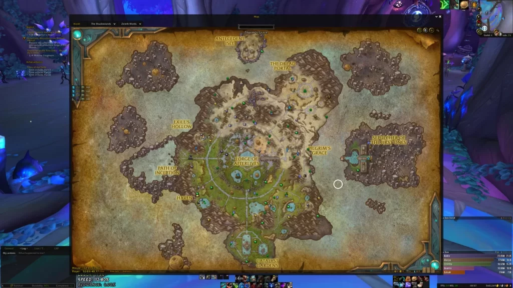 Mapa świata World of Warcraft ze strefami oznaczonymi w języku angielskim. Mapa pokazuje Wschodnie Królestwa, Kalimdor, Northrend, Pandarię, Draenor, Broken Isles i Shadowlands. Tekst w lewym górnym rogu brzmi „Antecedent” i „Isee”, a tekst po prawej stronie brzmi „Catalyst” i „Speed, 112-80%”.