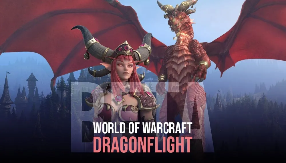 World of Warcraft Dragonflight — smok i postać wraz z tytułem felietonu