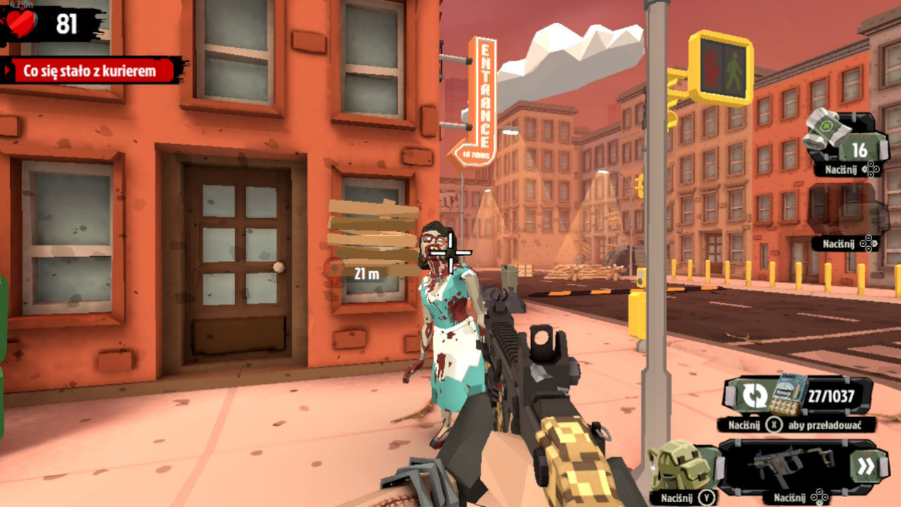 Zrzut ekranu gry The Walking Zombie 2. Rozciągnięta panorama miasta, w której znajduje się jeden zombie zmierzający w kierunku gracza.