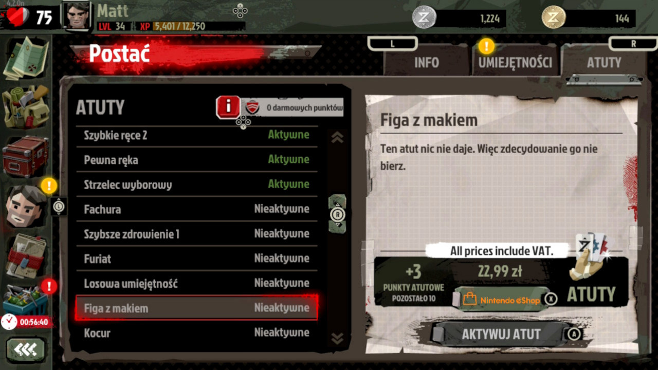 Zrzut ekranu z gry The Walking Zombie 2. Menu wyboru atutów przedstawia jeden z nich, nazwany jako "Figa z makiem". Opis atutu wskazuje na to, iż nic on nie daje, dlatego nie warto go wybierać.