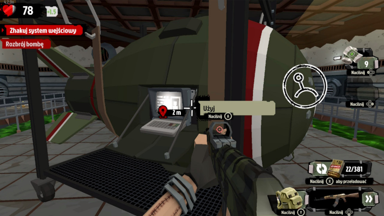 Zrzut ekranu z gry The Walking Zombie 2. Postać gracza stoi przed wielką bombą atomową w kanałach.