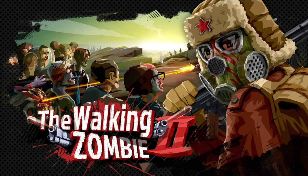 Nagłówek The Walking Zombie 2. Postać w masce stoi na tle hordy zombie, którą przysłania lekko tytuł gry.