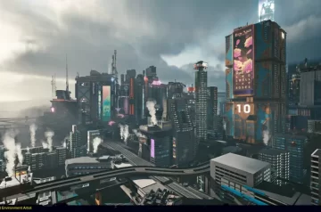Panorama miasta Night City w grze Cyberpunk 2077.