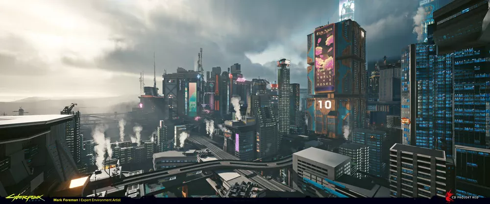 Panorama miasta Night City w grze Cyberpunk 2077.