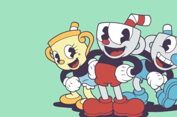 Grafika z gry Cuphead, trzy główne postacie rysunkowe z filiżankami zamiast głów.