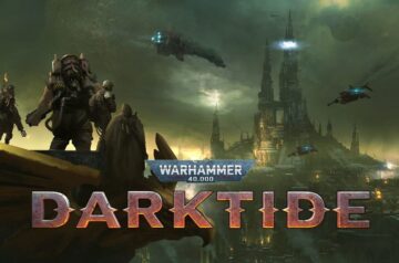 Warhammer 40,000: Darktide. W tle mroczny krajobraz z tajemniczą budowlą, dookoła kilka statków powietrznych. Na pierwszym planie na urwisku stoi kilkoro żołnierzy.