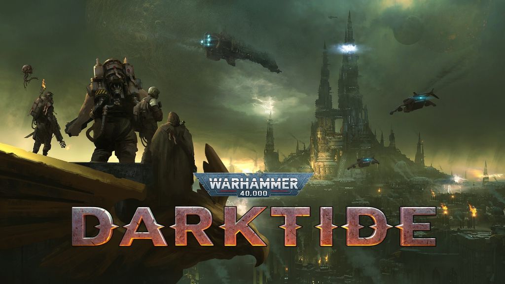 Warhammer 40,000: Darktide. W tle mroczny krajobraz z tajemniczą budowlą, dookoła kilka statków powietrznych. Na pierwszym planie na urwisku stoi kilkoro żołnierzy.