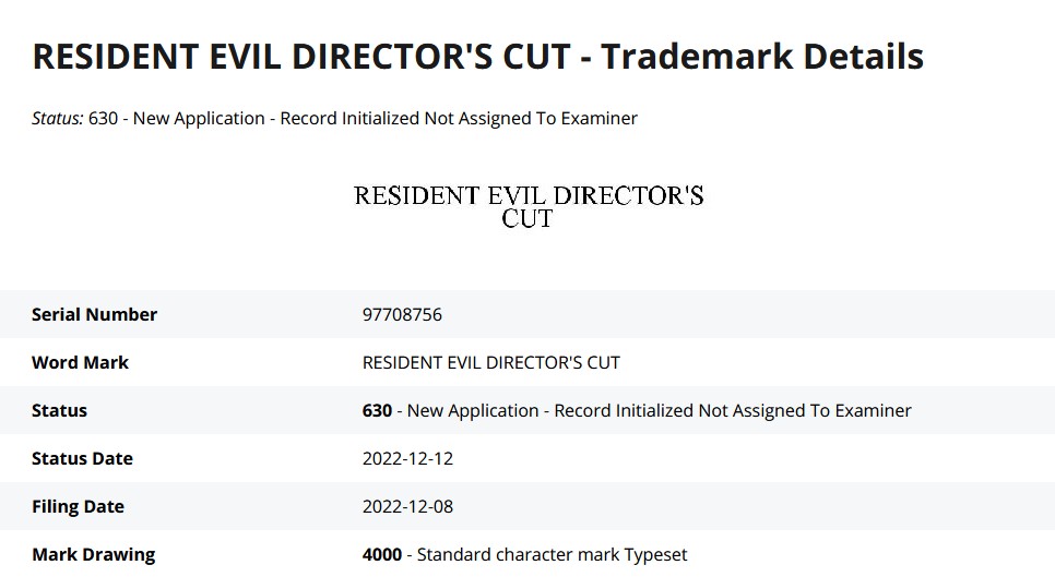 Resident Evil Director's Cut wniosek o wydanie znaku towarowego