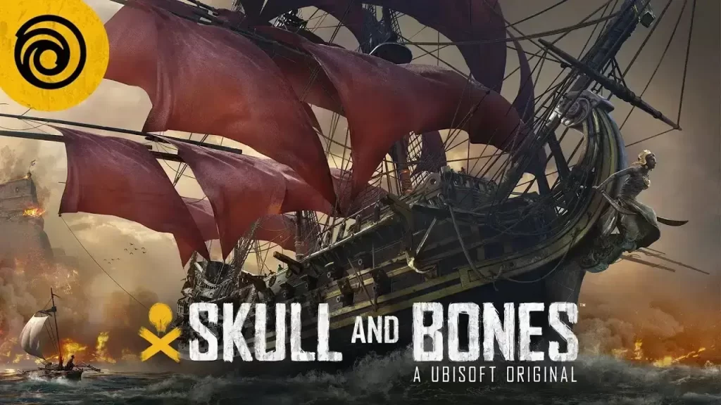 Ciężkie czasy w Ubisoft - napis Skull and Bones, na którego tle jest ogromny statek z czerwonymi żaglami.