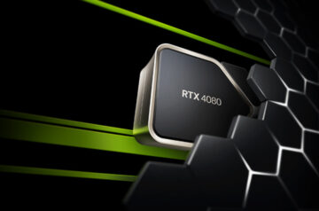 Grafika przedstawiająca szare kafelki z zielonymi liniami dekoracyjnymi, prezentująca wprowadzenie do GeForce Now RTX 4080