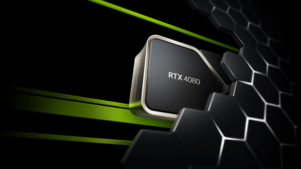Grafika przedstawiająca szare kafelki z zielonymi liniami dekoracyjnymi, prezentująca wprowadzenie do GeForce Now RTX 4080