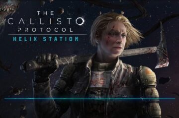 Okładka The Callisto Protocol: Helix Station. Postać Gwendoline Christie w pancerzu z toporem opartym o ramię.