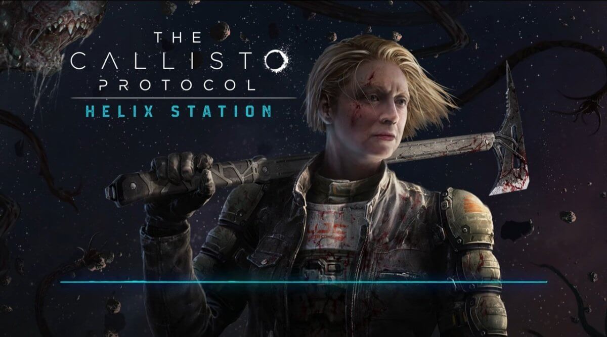 Okładka The Callisto Protocol: Helix Station. Postać Gwendoline Christie w pancerzu z toporem opartym o ramię.