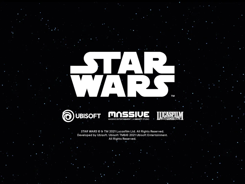 Logo gwiezdnych wojen, a także Ubisoftu, Massive Entertainment, Lucasfilm Games, na tle gwiazd na czarnym tle.