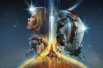 Grafika z gry Starfield. Na tle kosmosu widać kobiecą twarz, męską głowę w helmie astronauty, mężczyznę w średnim wieku i jakiegoś robota.
