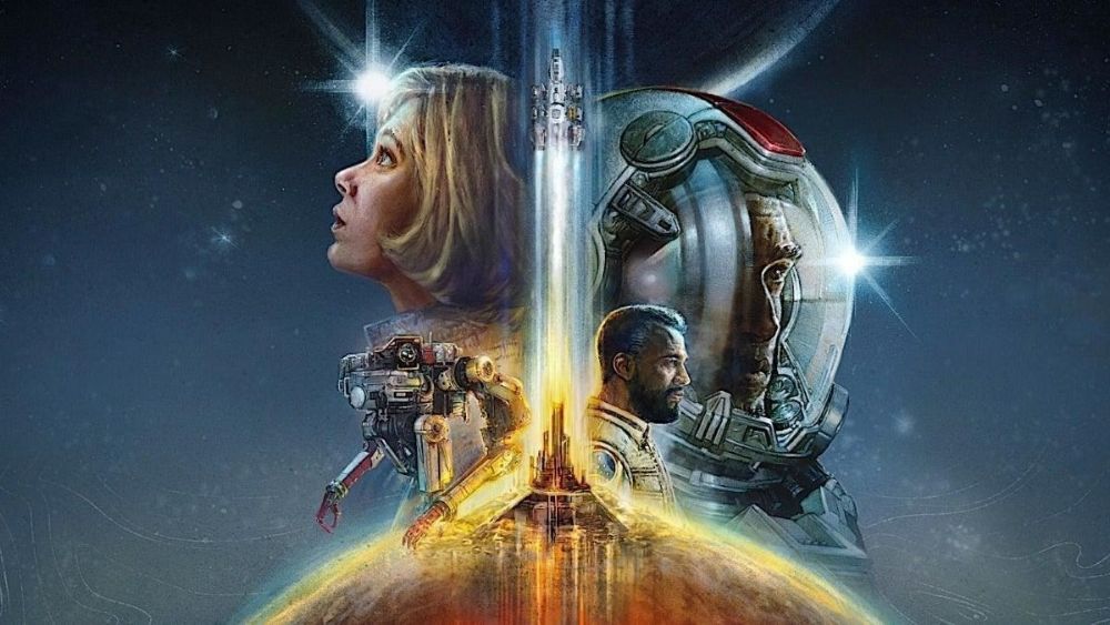 Grafika z gry Starfield. Na tle kosmosu widać kobiecą twarz, męską głowę w helmie astronauty, mężczyznę w średnim wieku i jakiegoś robota. Todd Howard.