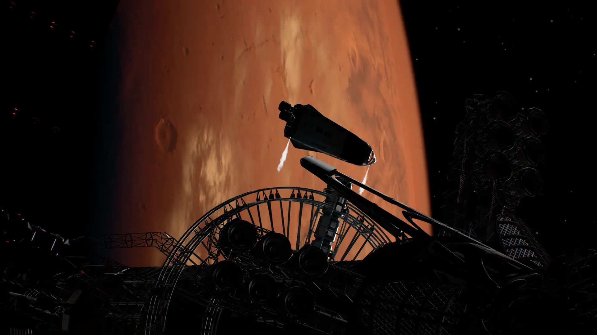 Deliver Us Mars. Statek leci, w tle Mars, w sumie też leci.