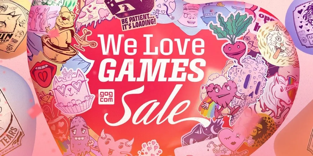 Pełen serduszek i kwiatów plakat wyprzedaży We Love Games w GOG-u